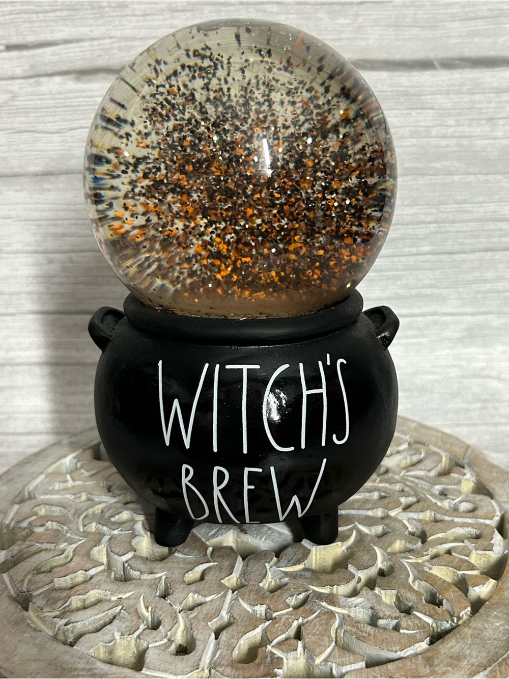Rae Dunn Black Cauldron Glitter Globe with Orange Sparkle